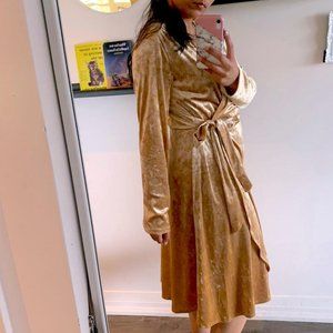 Golden yellow velvet midi wrap dress